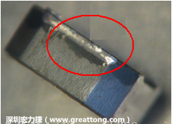 使用錫(Sn)鍍層的電源電感器(Power Inductors)，經過推力測試后，其焊點還保留在零件的端點上，所以推力比較高。