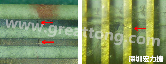 一旦找到確切的銅箔線路斷裂位置，如果還是無法觀察到斷裂的現象，就試著在顯微鏡下彎曲該位置的軟板，這樣就可以突顯并放大斷裂銅箔的開口了。 