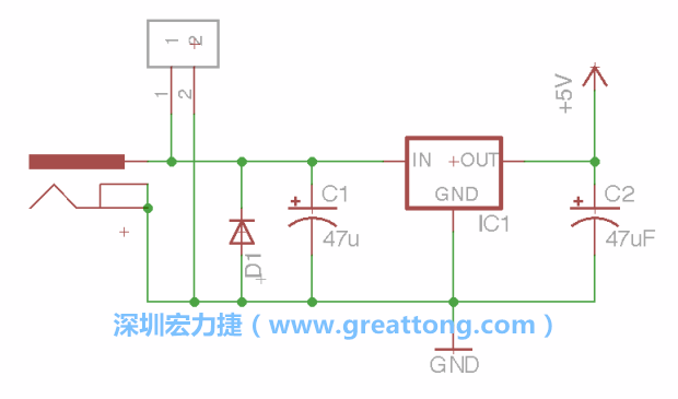 2.5.    新增一個(gè)二極體，它會(huì)以水平的狀態(tài)出現(xiàn)在屏幕上，請(qǐng)使用「旋轉(zhuǎn)（Rotate）」工具把它負(fù)極那一面朝上，并且用「網(wǎng)絡(luò)連接」工具將它連接在電壓調(diào)整器的輸入端和接地端之間。